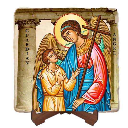 Guardian Angel with Child Icon,Marble Icon,Handmade,Baptism gift,Christian Icon