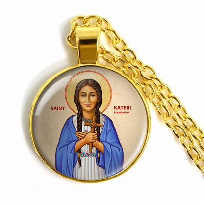 Gold necklace with a pendant featuring an icon of Saint Kateri Tekakwitha on a white background