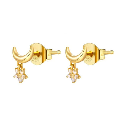 Dainty Crescent Moon With Dangling CZ Star Shaped Charm Stud Earrings