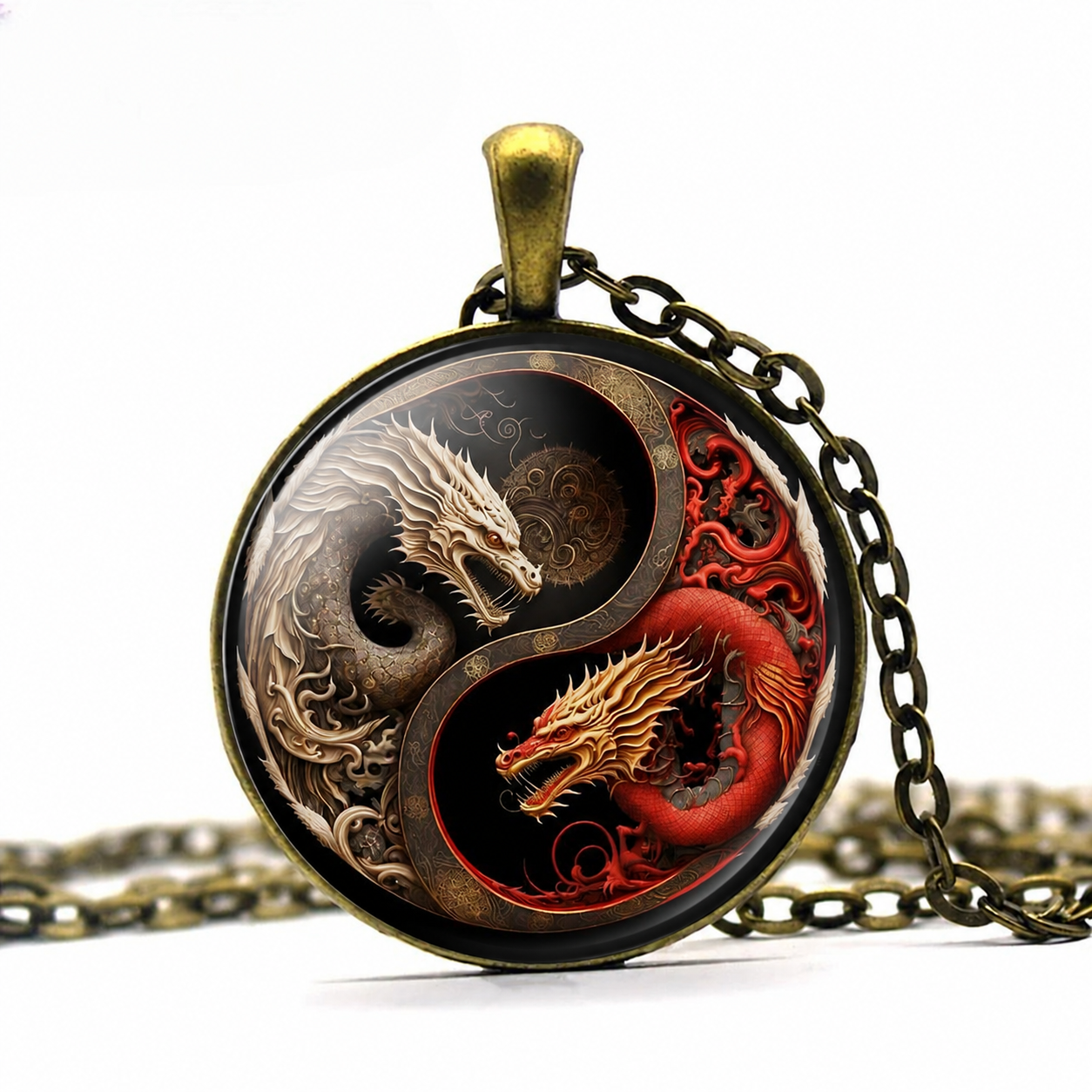 Dragon Yin Yang Pendant Necklace, Fire & Ice Fantasy Amulet,Glass Necklace