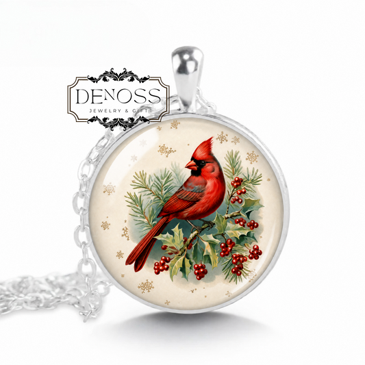 Cardinal Necklace,Cardinal Pendant,Winter Cardinal,Golden Snow,Holly,Christmas Cardinal,Holiday Jewelry