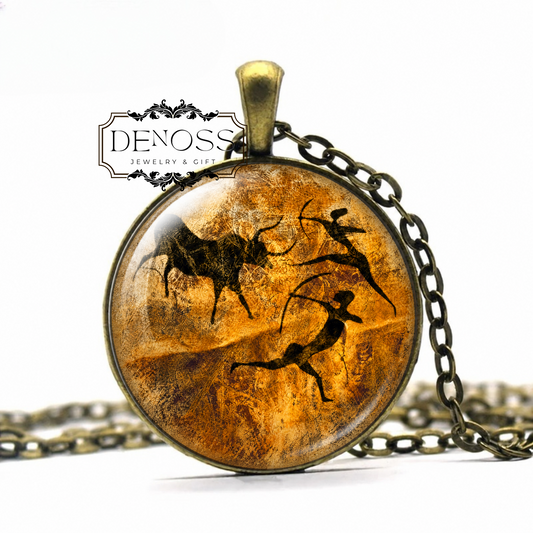 Cave Art Hunters Pendant Necklace,Primitive Culture Jewelry