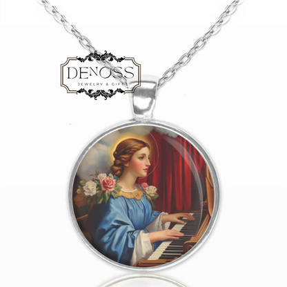 Saint Cecilia Medal Pendant Necklace,Christian Religious Jewelry