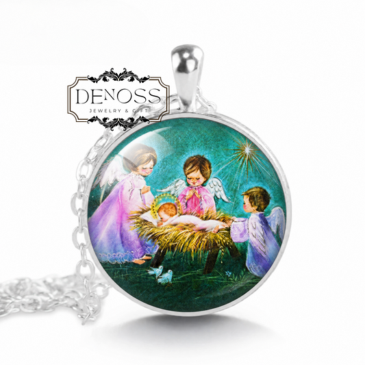 Christmas Angels Cabochon Pendant Necklace,Retro Holiday Jewelry