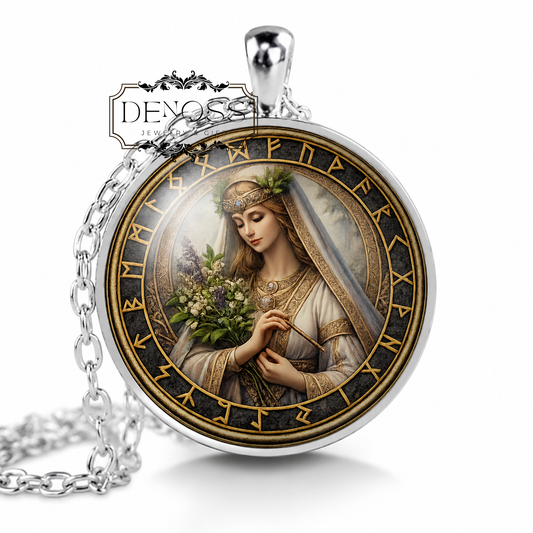 EIR Necklace,Goddess of Healing,Goddess of Medicin,Protection,Mercy,Help,Asatru,Vikings,Valkyrie,Norse,Glass Pendant - Denoss