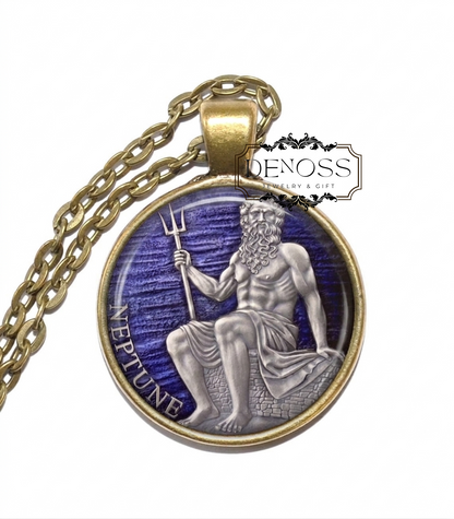 NEPTUNE Necklace,God of the Sea,God of Water,Roman,God of Horses,God of Horsemanship,Patron of horse racing,Mythology,Glass Pendant