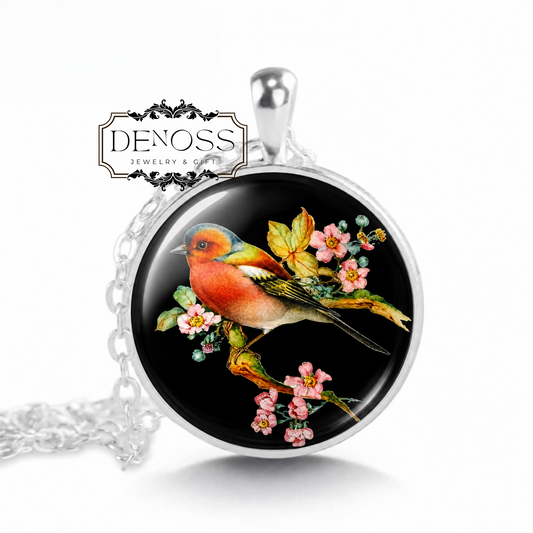 Colorful Finch Pendant Necklace,Bird Necklace,Songbird Necklace,Vintage Look,Bird Jewelry,Finch on Branch