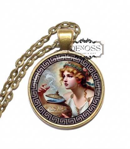 PANDORA Necklace,First Woman Created by the Gods,Punishment to Humanity,Greek, Mythology,Art Pendant Necklace,Glass pendant