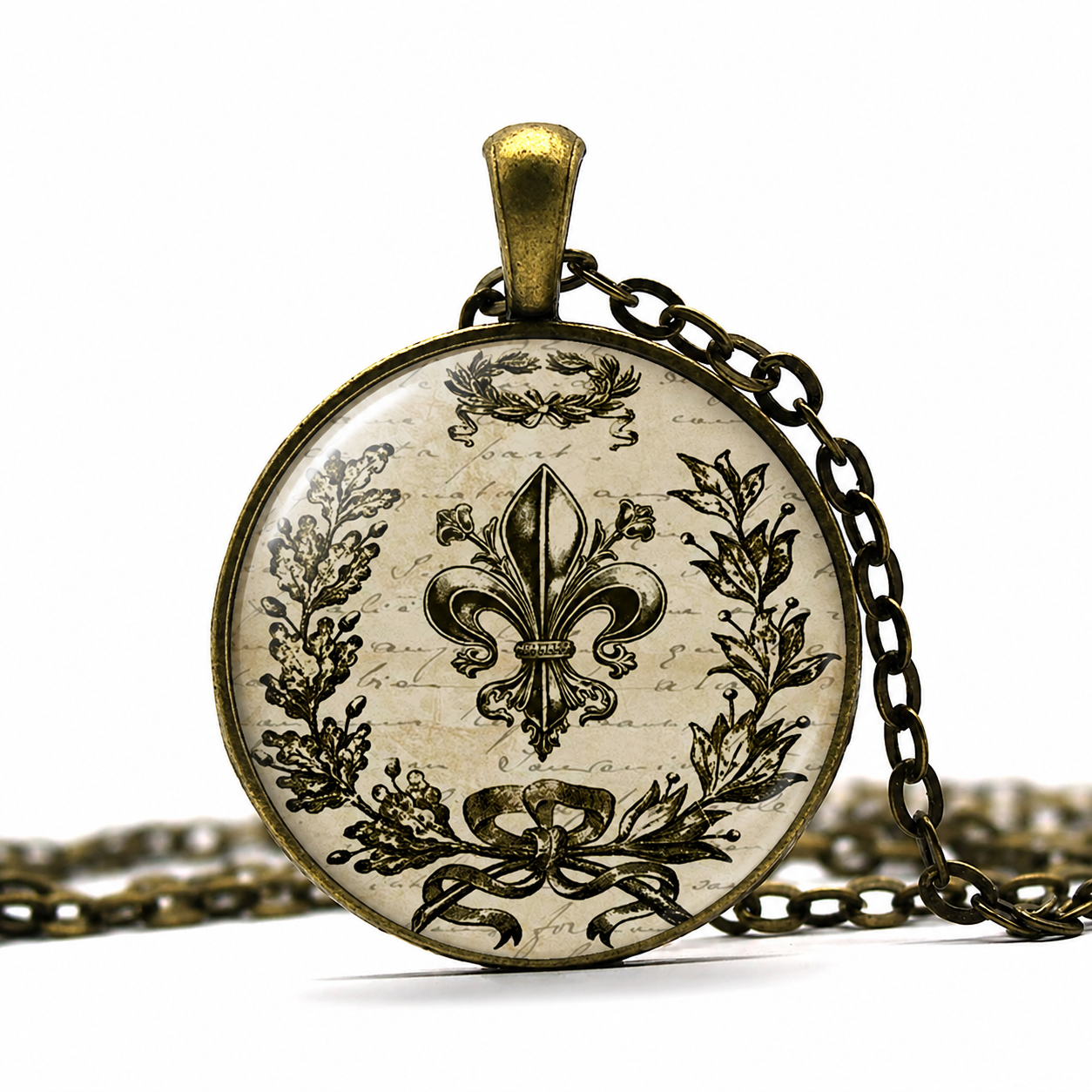 Fleur-de-Lis Pendant Necklace Handcrafted Cabochon Lily Flower Jewelry