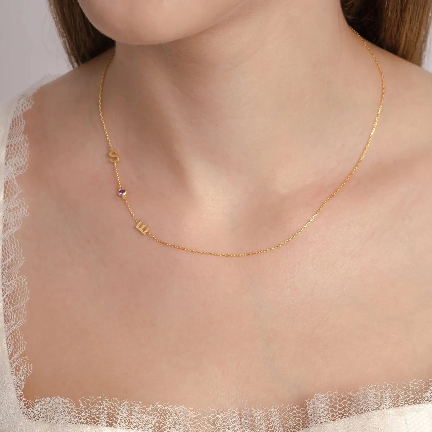 Personalized Birthstone Two Capital Letter Necklace,Initial Gift Necklace