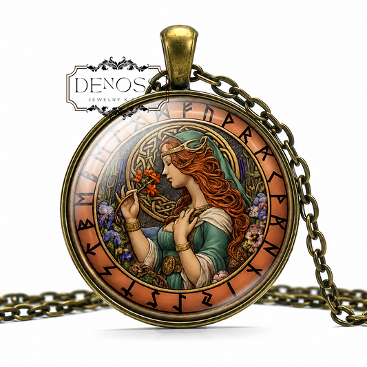 EIR Necklace,Goddess of Healing,Protection,Mercy,Help,Asatru,Vikings,Valkyrie,Old Norse,Mythology,Glass Pendant - Denoss