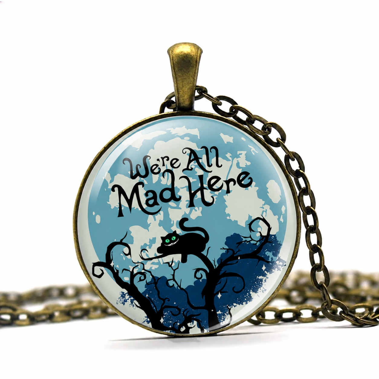Cheshire Cat,We're All Mad Here,Alice In Wonderland Jewelry,Fairy Tale Necklace,Book Quote Jewelry