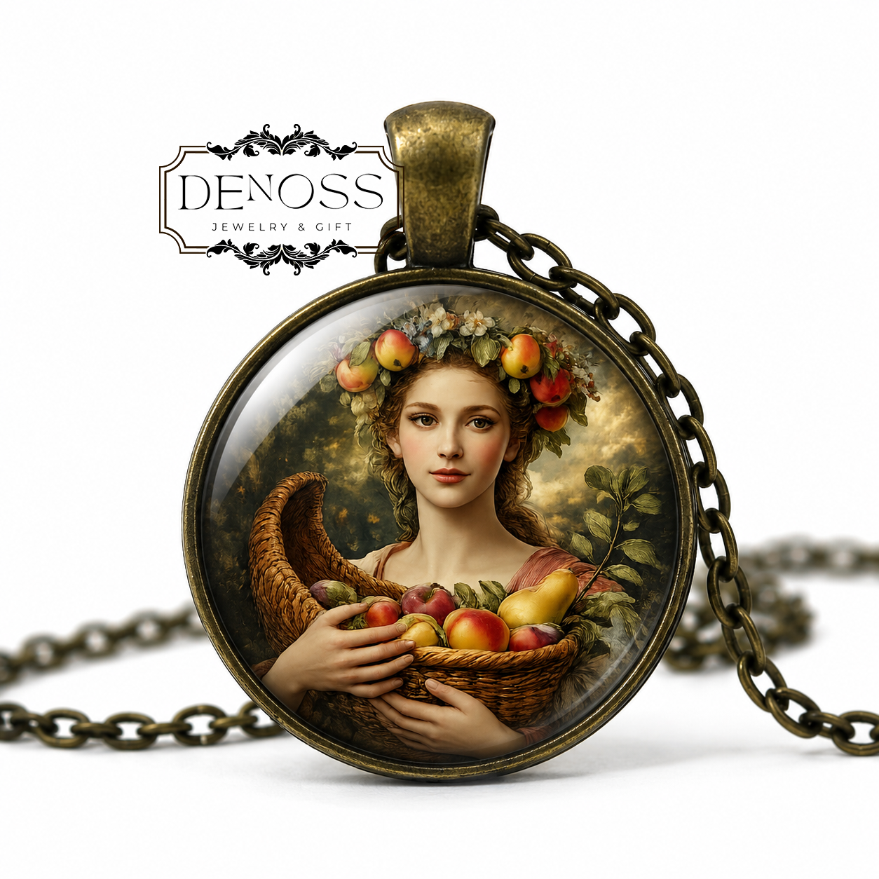 POMONA Necklace,Goddess of Fruit,Goddess of Orchards,Goddess of Cultivated Growth,Roman Mythology,Glass Pendant