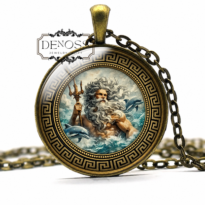 POSEIDON Necklace,God of the Sea,God of Storms,God of Earthquakes,God of Horses,Greek Mythology,Glass Pendant