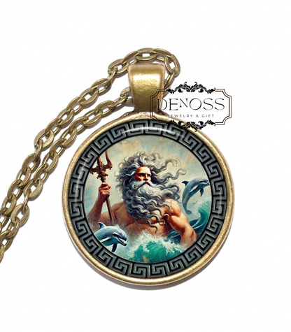 POSEIDON Necklace,God of the Sea,God of Storms,God of Earthquakes,God of Horses,Greek,Mythology,Glass Pendant