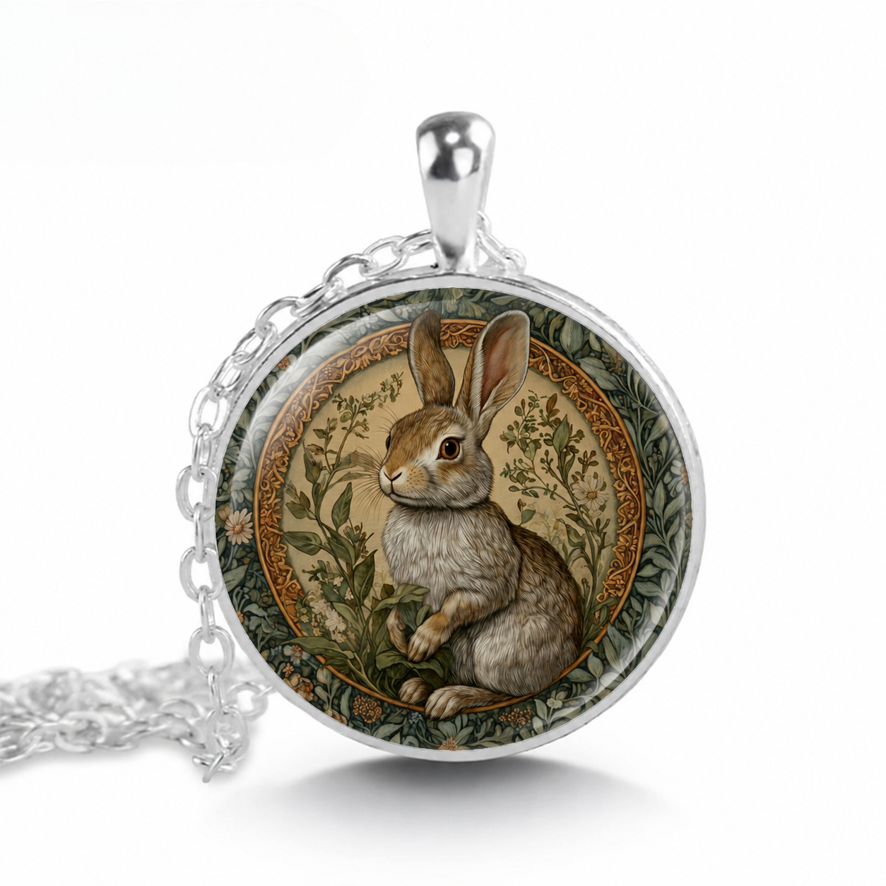 Cottage Garden Bunny Pendant Necklace,William Morris Style,Easter Jewelry