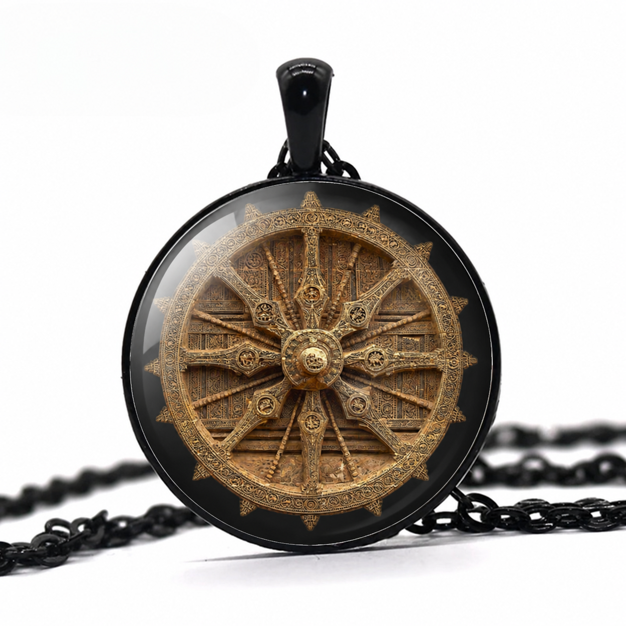 Dharma Wheel Pendant Necklace,Buddhist Symbol Charm,Dharmachakra Necklace