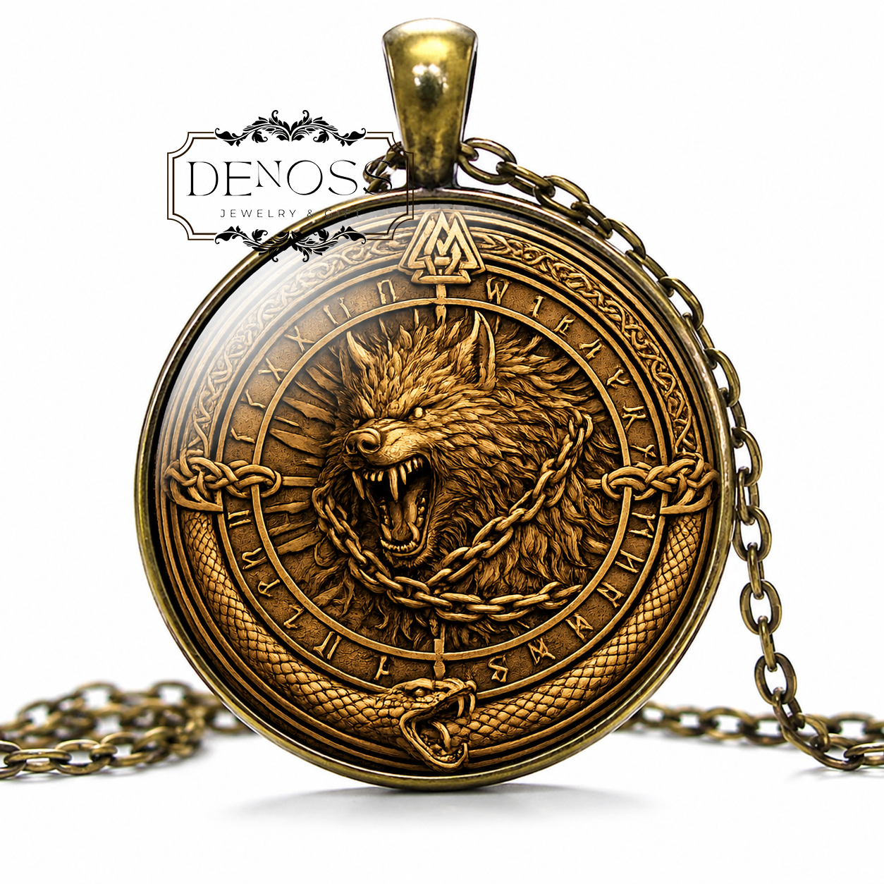 Fenrir Norse Wolf Pendant Necklace,Rune Wheel Necklace,Viking Amulet