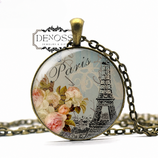 Eiffel Tower Pink Flowers Necklace