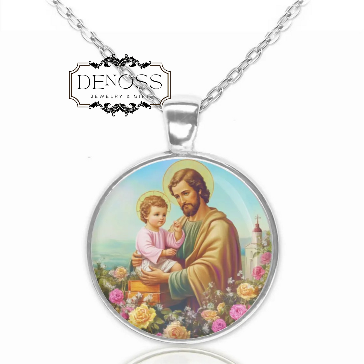 Saint Joseph w Baby Jesus Necklace,Medal Religious Pendant