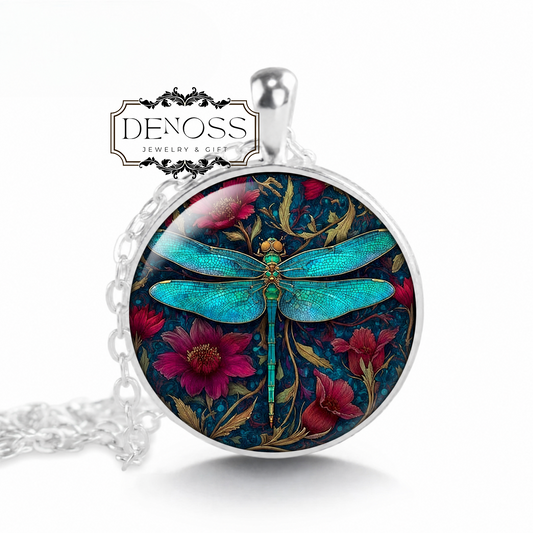 Faux Stained Glass Dragonfly Necklace,Steampunk Pendant
