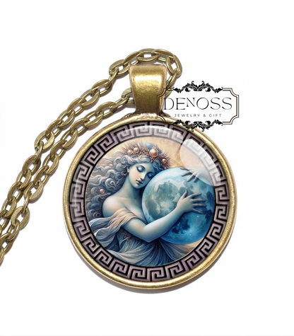 SELENE Necklace,Goddess of the Moon,Personification of the Moon,Titan, Greek, Mythology Art Pendant Necklace,Glass Pendant