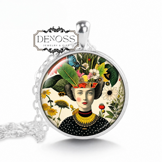 Floral Woman Pendant Necklace,Psychedelic Hippie Art Jewelry