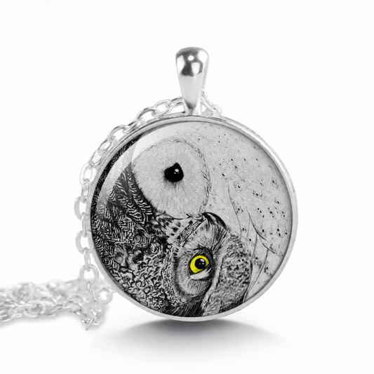 Owl Yin Yang Pendant Necklace,Black White Art,Symbolism Jewelry
