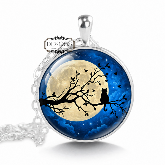 Full Moon Kitty,Full Moon and Cat on a Branch Pendant Necklace,Cat Necklace