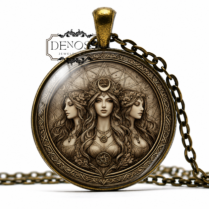 TRIPLE MOON GODDESS Necklace,Hecate,the Maiden,the Mother,the Crone,Wicca,Symbol,Moon Goddess,Neopagan,Glass Pendant