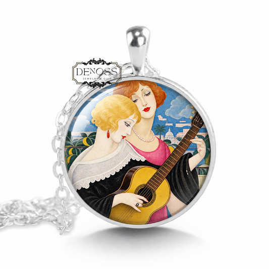 Gerda Wegener Art Deco Necklace,Two Women with Guitar,Lili Elba