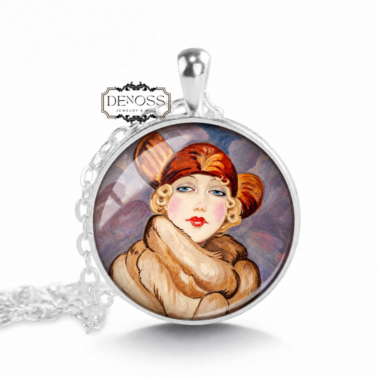 Gerda Wegener Art Necklace,Girl in Fur Coat,Vintage Glamour