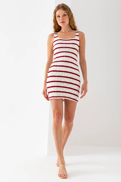 Burgundy Strappy U-Neck Lined Dress with Knitted Details - Denoss