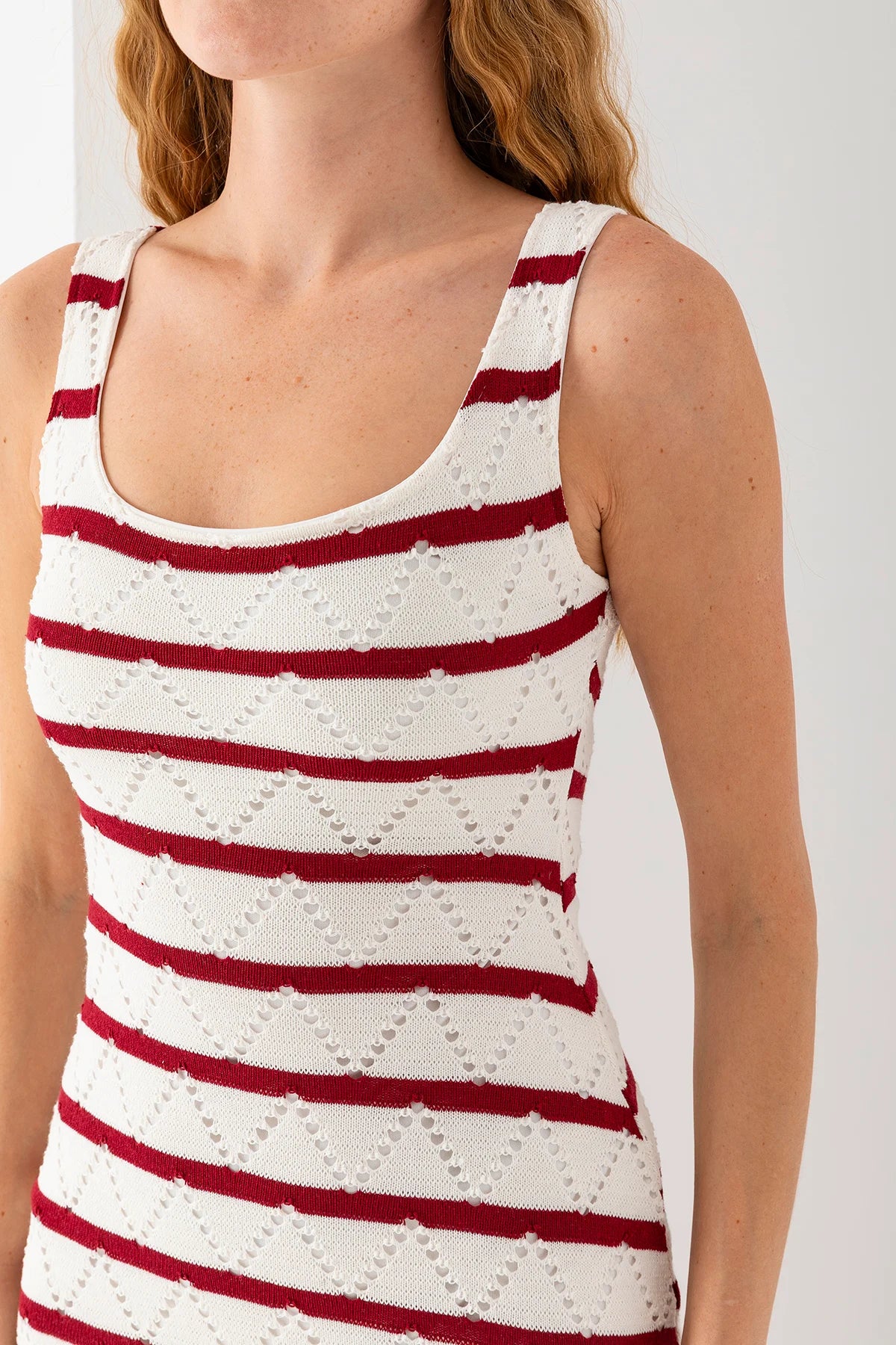 Burgundy Strappy U-Neck Lined Dress with Knitted Details - Denoss