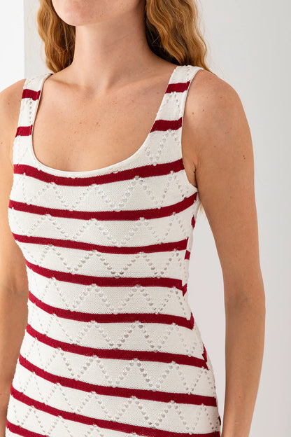 Burgundy Strappy U-Neck Lined Dress with Knitted Details - Denoss