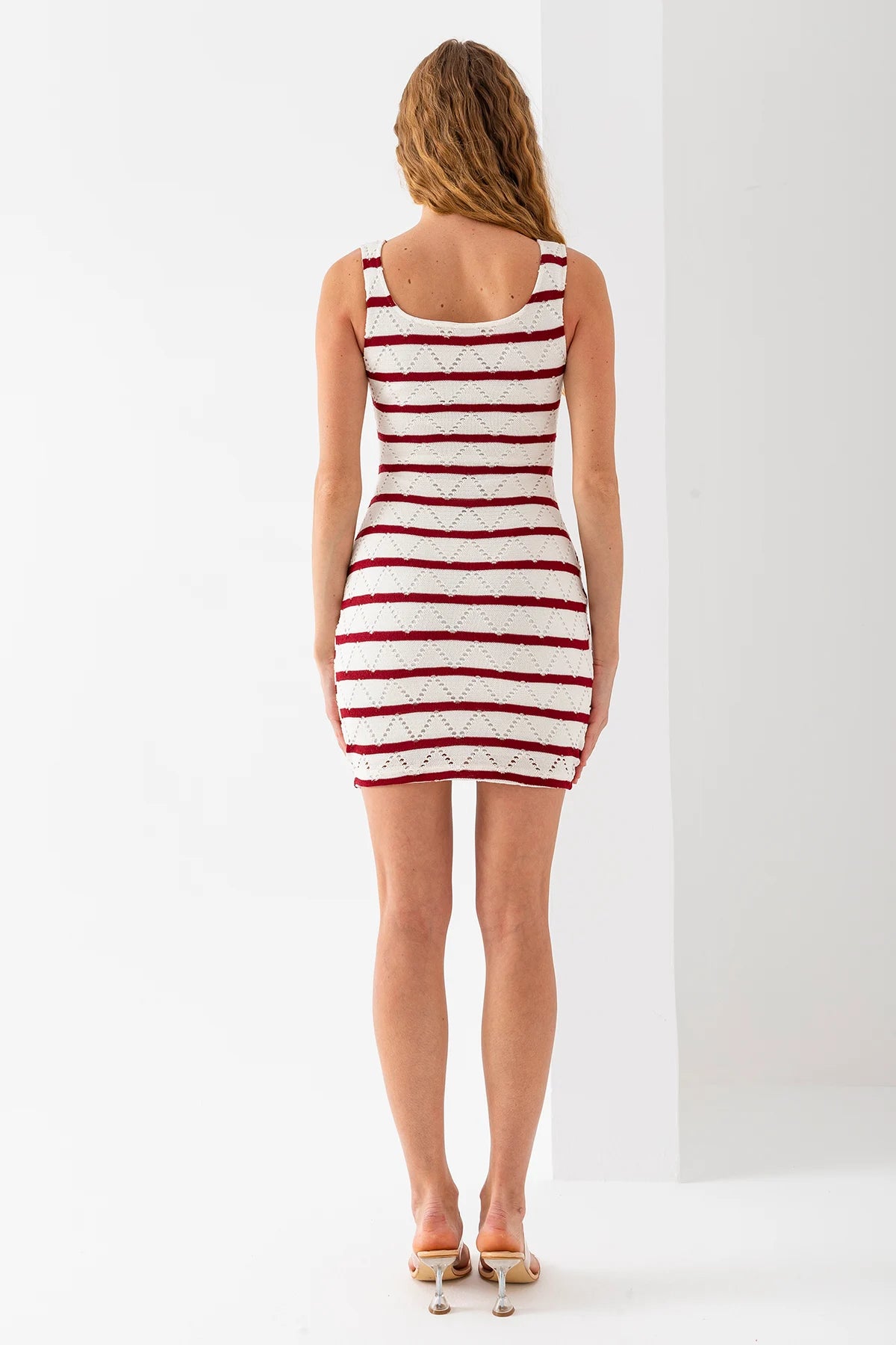 Burgundy Strappy U-Neck Lined Dress with Knitted Details - Denoss