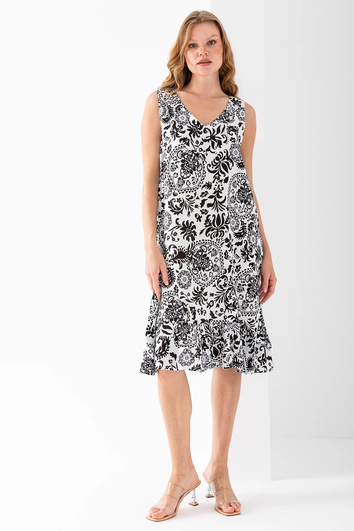 Strappy V-Neck Patterned Cotton Dress - Denoss