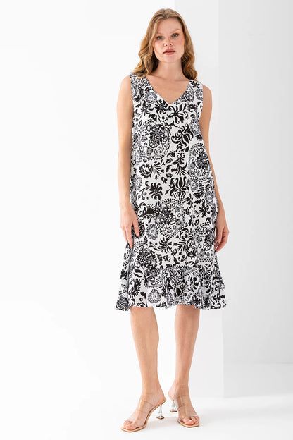 Strappy V-Neck Patterned Cotton Dress - Denoss