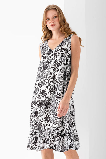 Strappy V-Neck Patterned Cotton Dress - Denoss
