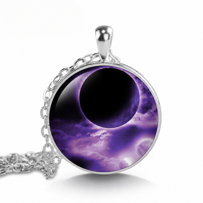 Full Moon Eclipse Cabochon Pendant Necklace,Galaxy Space Jewelry