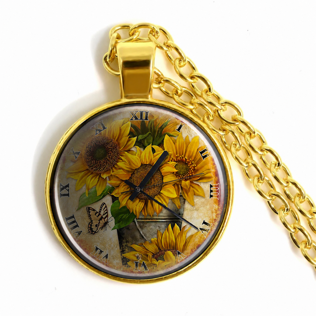 Sunflower Clock necklace,garden gift, gardening or nature gift