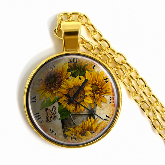 Sunflower Clock necklace,garden gift, gardening or nature gift - Denoss