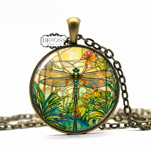 Green Dragonfly Necklace,Art Nouveau Insect Jewelry