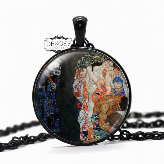 Gustav Klimt Life and Death Painting Necklace,Art to Wear Round Glass Pendant necklace