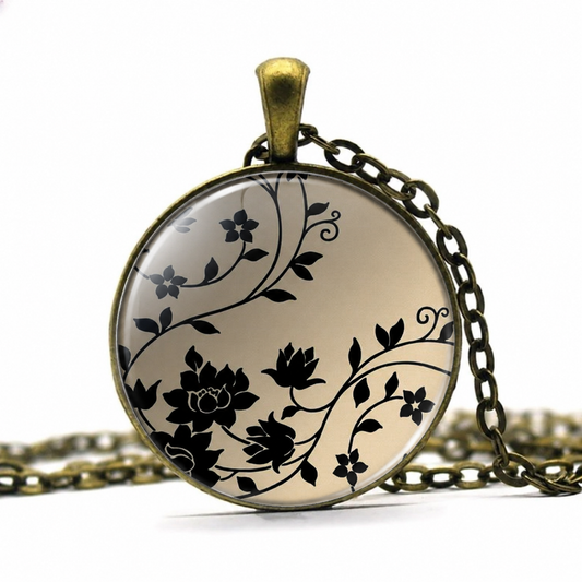 Swirling Black Flowers necklace,flower art necklace black and white - Denoss