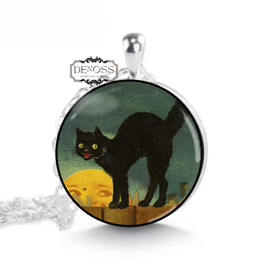 Halloween necklace,Handmade Vintage Full Moon and Black Cat Art Pendant Necklace