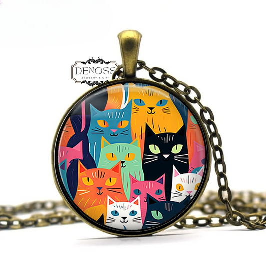 Happy Cats,necklace,cat lover gift,cat jewelry colorful cat art pendant necklace
