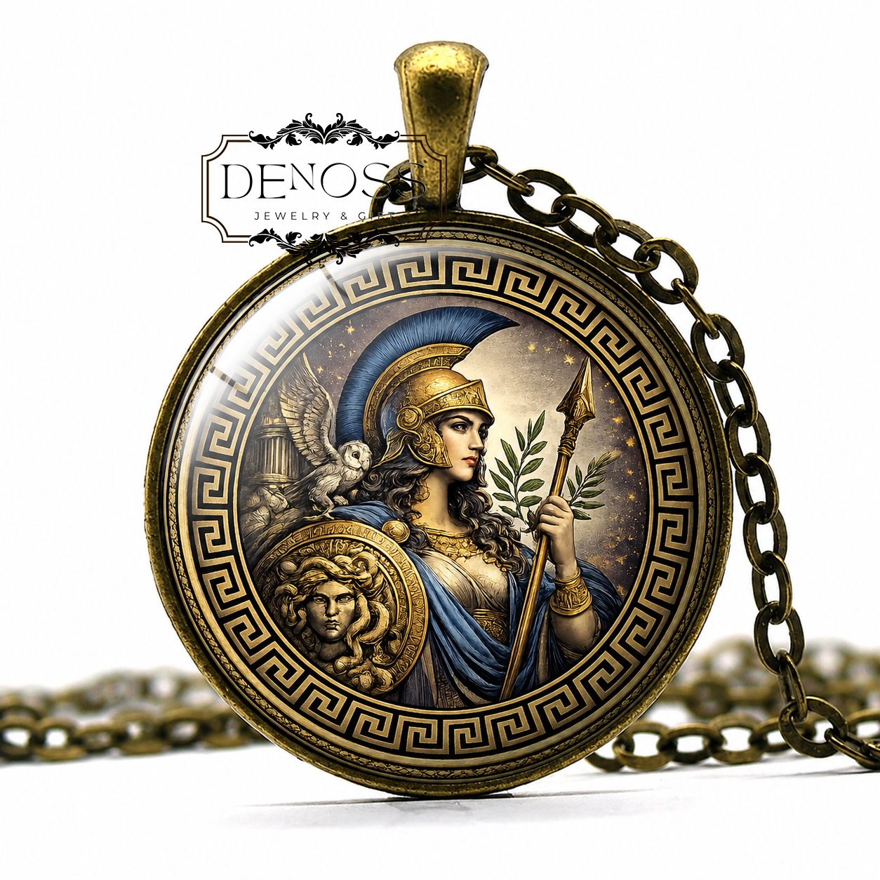 ATHENA Necklace,Goddess of Wisdom,Goddess of War,Goddess of Handicraft,Greek, Patroness,Athens,Glass Pendant