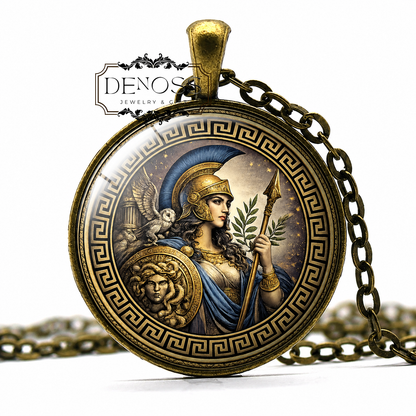 ATHENA Necklace,Goddess of Wisdom,Goddess of War,Goddess of Handicraft,Greek, Patroness,Athens,Glass Pendant