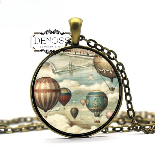 HOT AIR BALLOON Necklace Vintage,Aircraft,Flying,Art Pendant Necklace,Glass Pendant,Handmade Jewelry